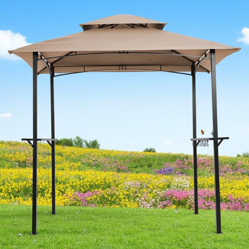 Outdoor Grill Gazebo 8x5 Ft, Double Tier Soft Top Canopy with Steel Frame, Bar Counters & Hook for BBQ - khaki