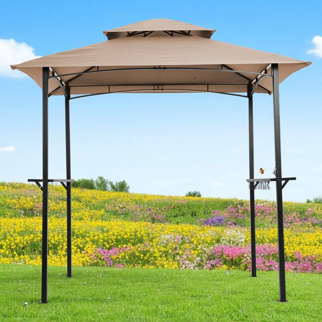 Outdoor Grill Gazebo 8x5 Ft, Double Tier Soft Top Canopy with Steel Frame, Bar Counters & Hook for BBQ