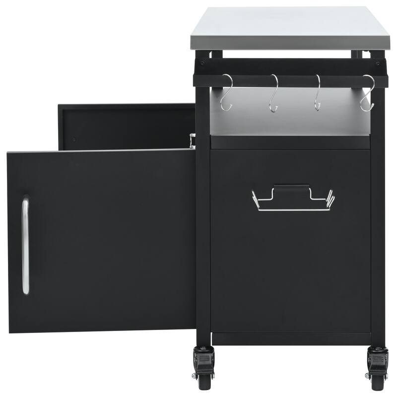 Metal Kitchen Island with Stainless Steel Tabletop, Rolling Spice Storage Cabinet w/Towel Rack and 4 Lockable Wheels for Kitchen