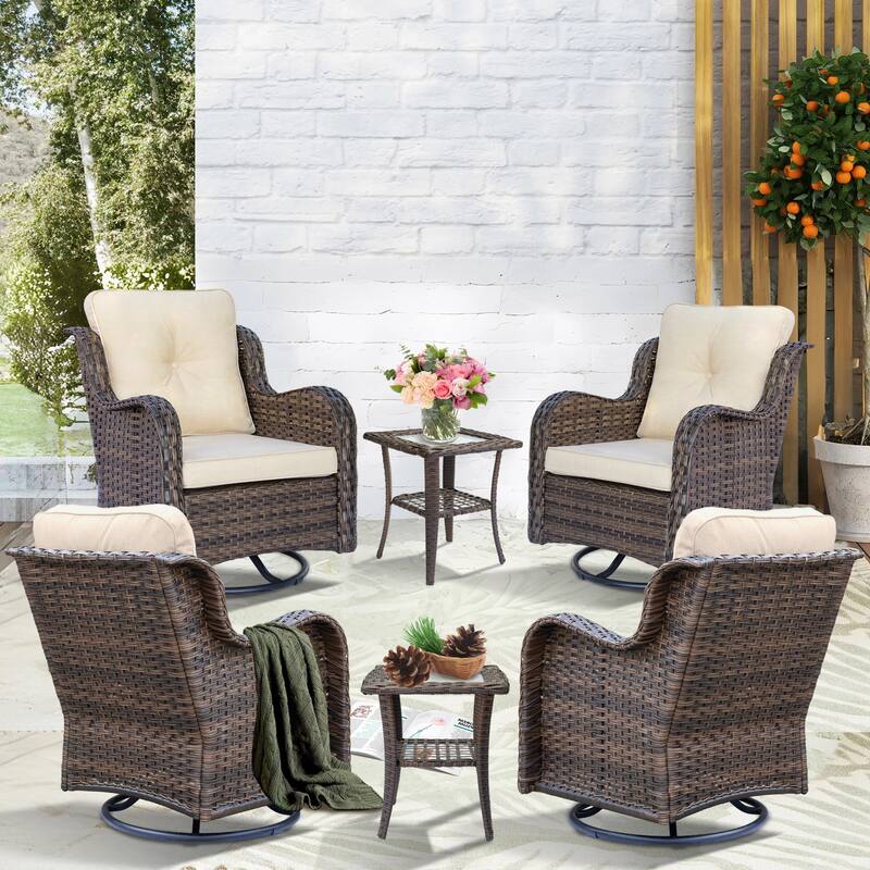 Wicker Outdoor Patio Conversation Seating Sets with Swivel Rocker Chairs - 6 Piece - Beige