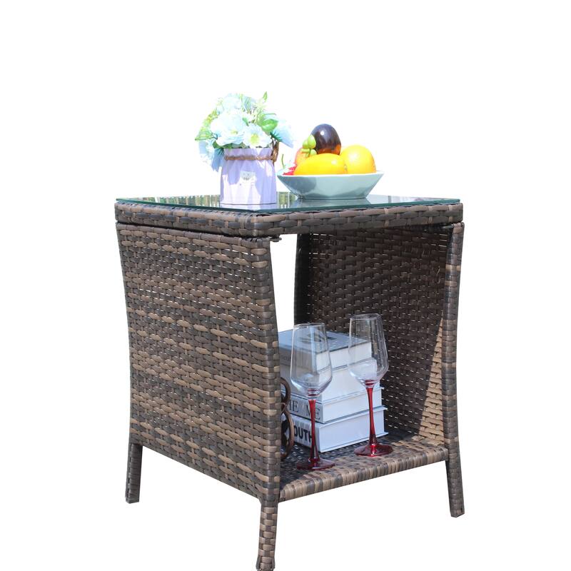 Anmytek Gray Rattan Side Table with Tempered Glass Top Indoor Outdoor Wicker Patio Table Double Tier Storage - 19.25*19.25