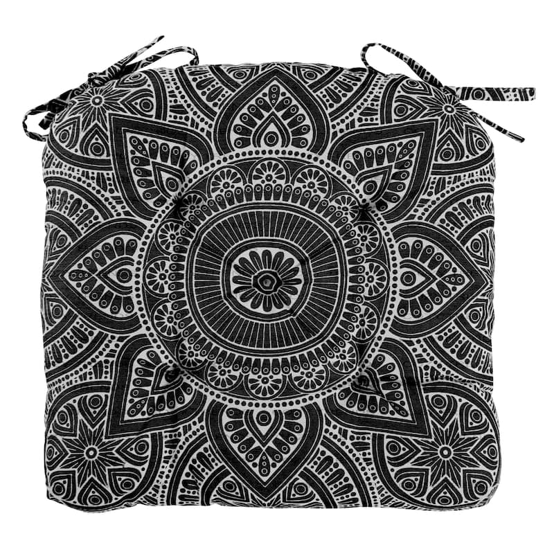 Handmade Cotton Mandala Chair Pads Cushion 16" – Thick Chair Pads with Ties (Set of 2) - Black