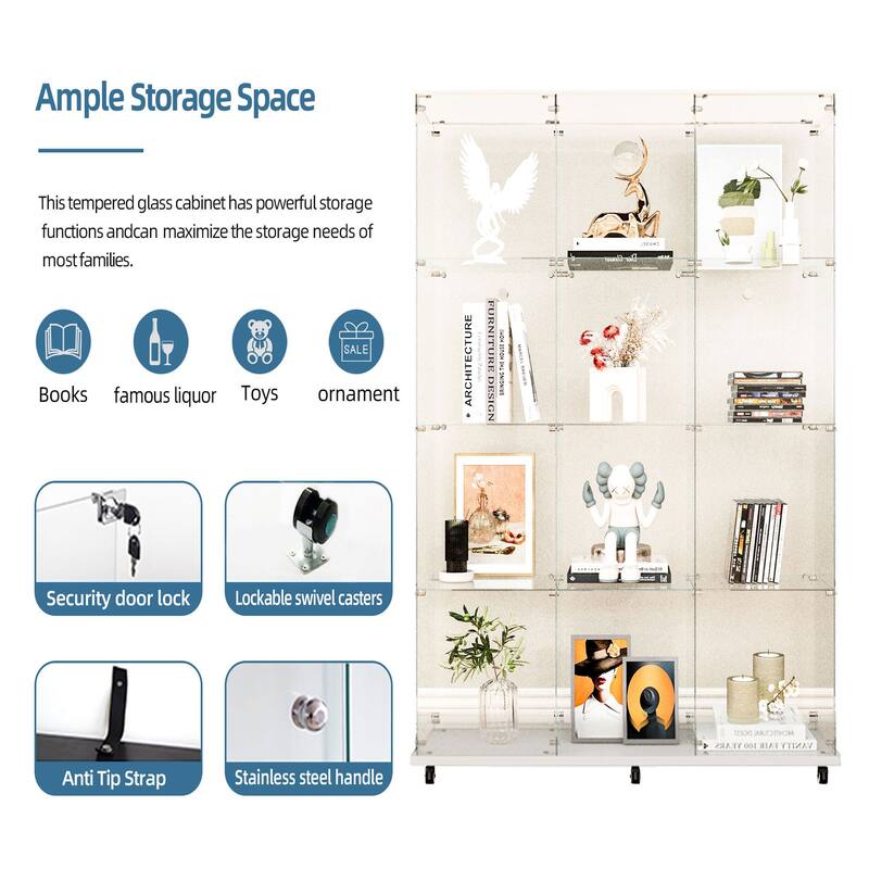 Tempered Glass Display Cabinet, File Cabinet with Bluetooth LED Light Strips,Tempered Glass Top, Lock on Door Wheels