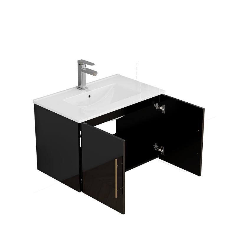 30-Inch Gloss Wall-Mounted Bathroom Vanity with Double Doors, Soft-Close Hangers,Long Gold Metal Handle