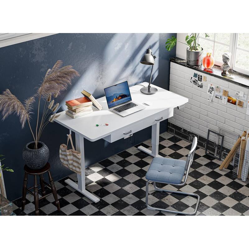 FEZIBO Adjustable Height Electric Standing Desk with Double Drawer, Stand Up Home Office Desk with Splice Tabletop