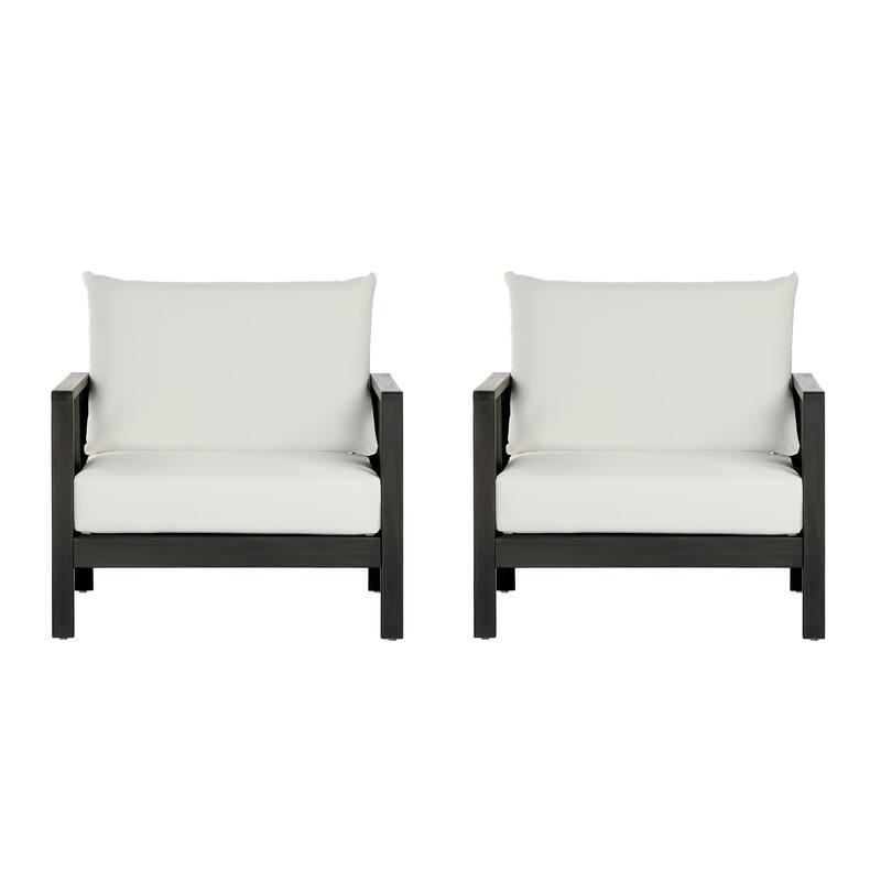 Christopher Knight Home - Outdoor Acacia Wood Club Chair with Water-Repellent Cushions and Textilene Accents - Set of 2 - Dark Grey+Black Textilene+White cushion
