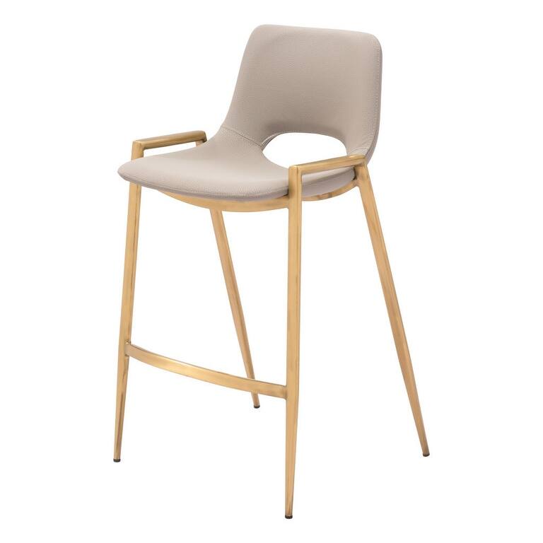 Set of Two 26" Beige And Gold Faux Leather And Steel Low Back Counter Height Bar Chairs
