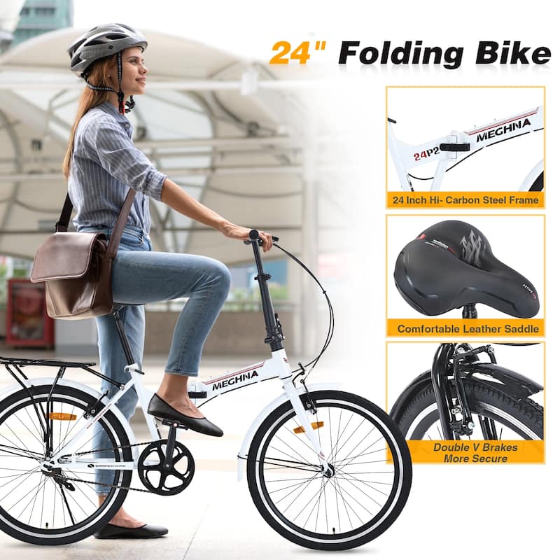 24 Inch Folding Bike for Adults with Fenders,Steel Frame Single Speed City Commuter,Dual V-Brake Portable Compact Bicycle