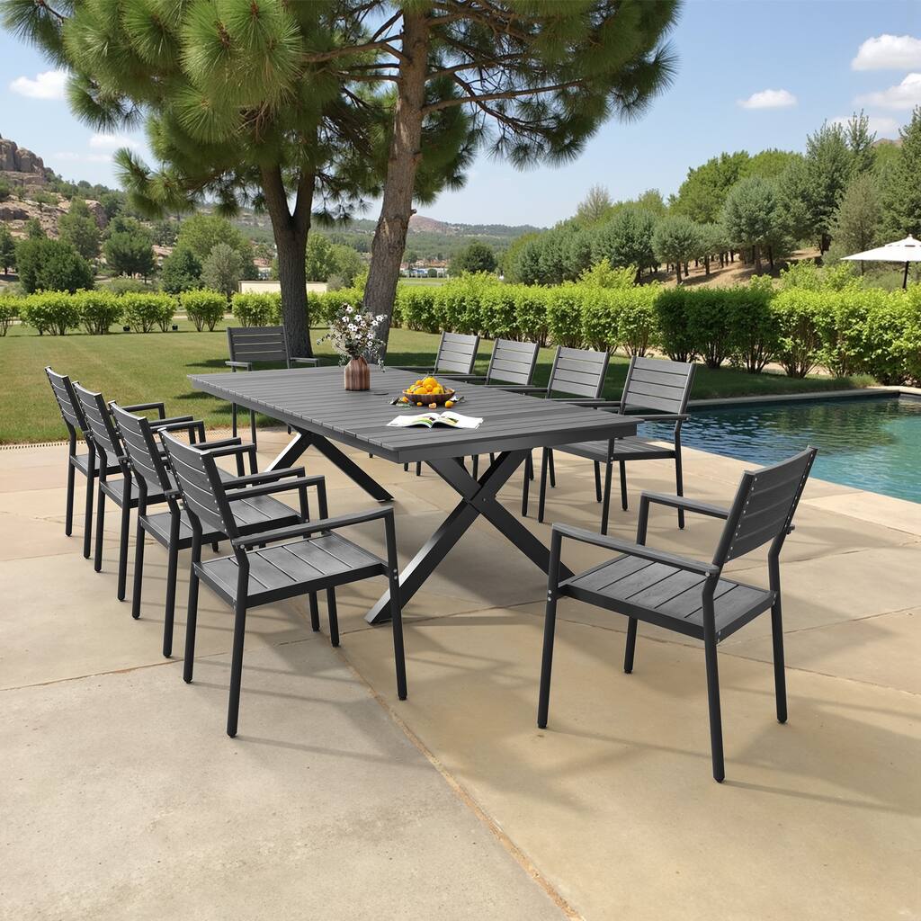11PC Outdoor Patio Aluminum X-Frame Dining Set Table with Stackable Chairs Umbrella Hole