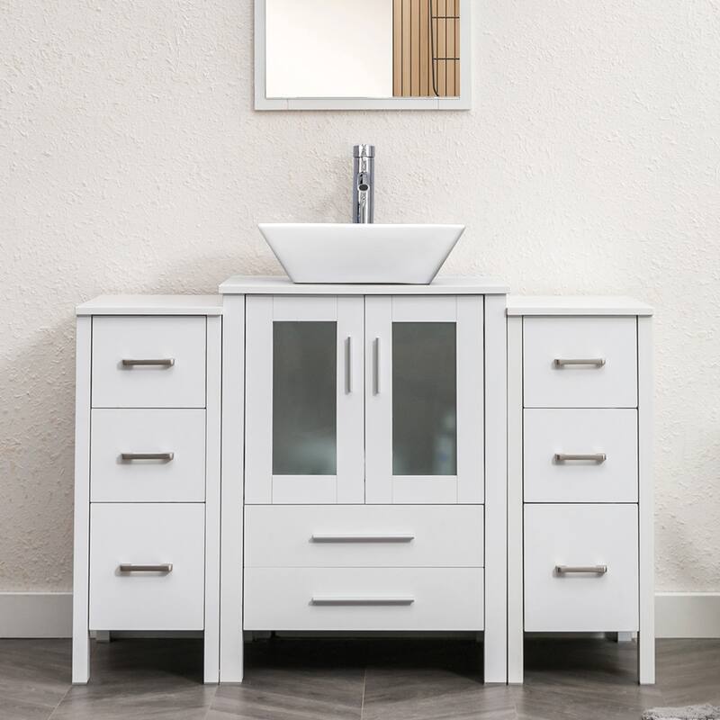 48" Bathroom Vanity Set Vessel Sink Faucet W/ Small Cabinet Combo - white ceramic square sink - White