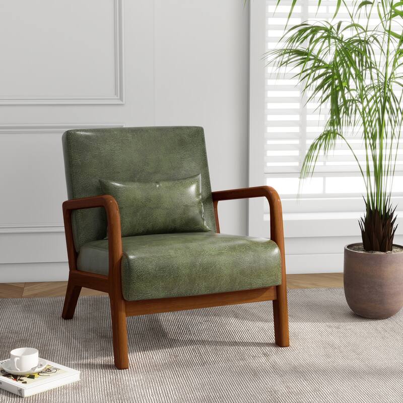 Mid Century Solid Wood Upholstered Accent Chair - HUNTER GREEN/PU/BROWN WOOD LOW SIDE FRAME