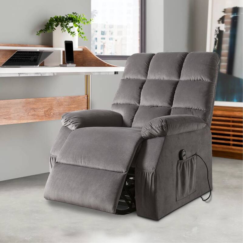 Contemporary Velvet and Metal Recliner with Power Lift, Gray