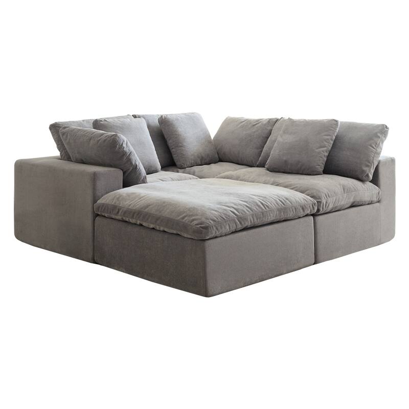 Flannel Sleeper Sofa Bed Modular Deep Seat Couch L-shaped Sectional Sofa with Ottoman Chaise Lounge and Pillows for Living Room