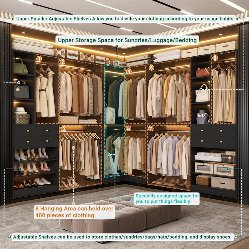 Rackcog Freestanding Corner Closet System Set, Closet Organizer with Hanging Rods and Drawers