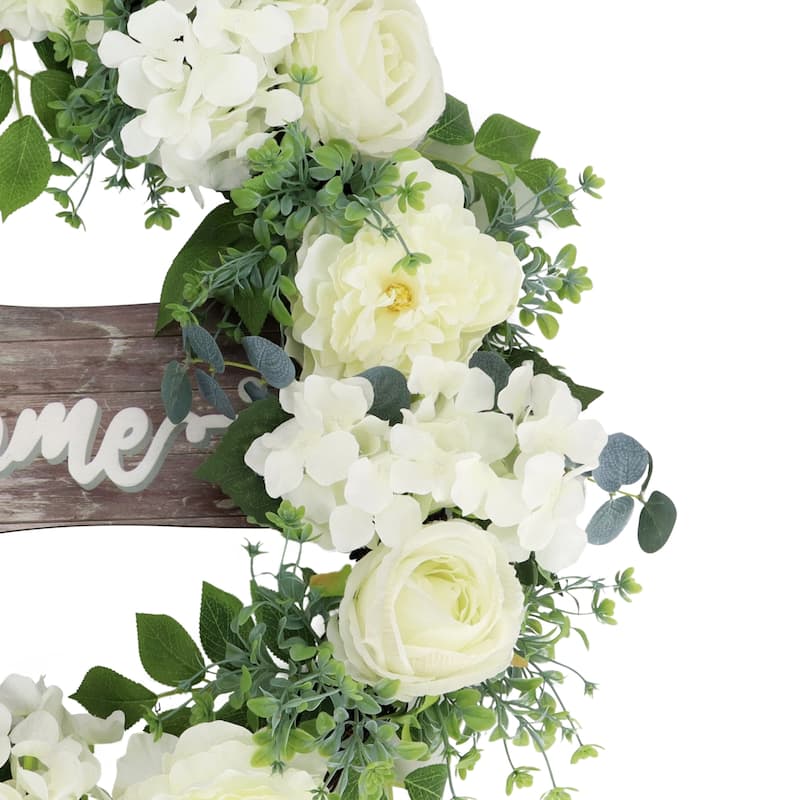 Mixed Floral Artificial Spring Wreath with Welcome Sign - 26" - White