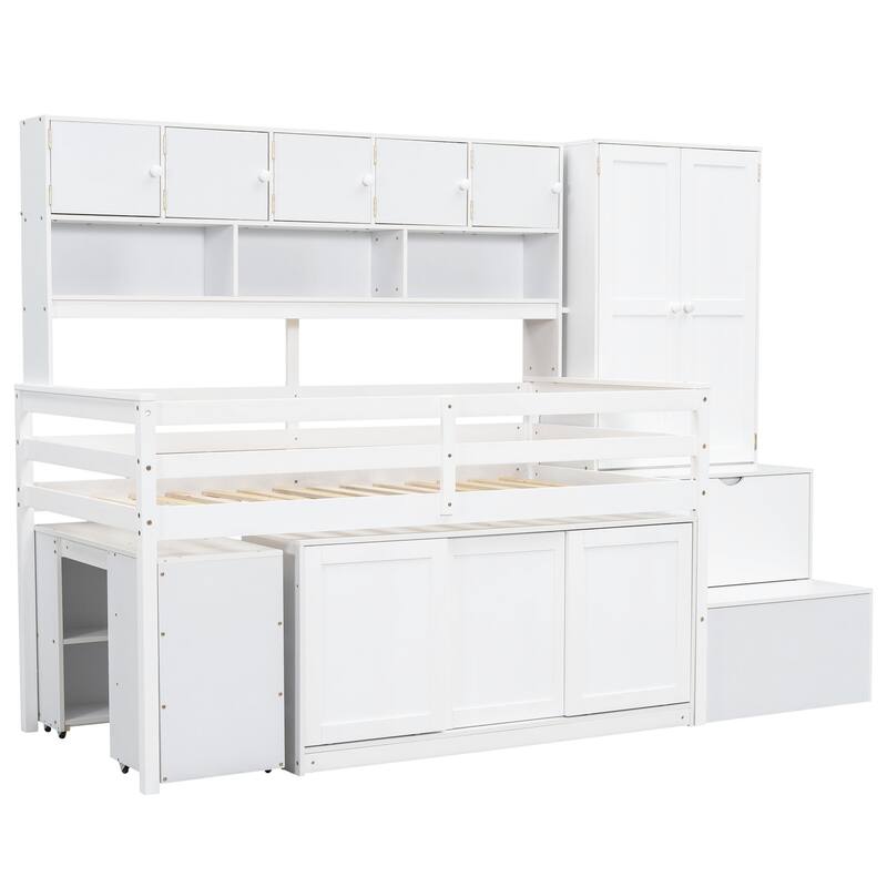 Twin Size Wooden Loft Bed Big Storage with Under-bed Desk, with Drawers, with Shelves, White