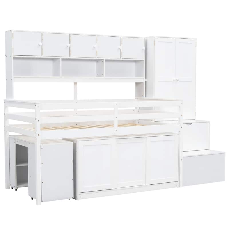 Twin Size Wooden Loft Bed with Integrated Wardrobe, Under-bed Desk, Drawers, with Shelves