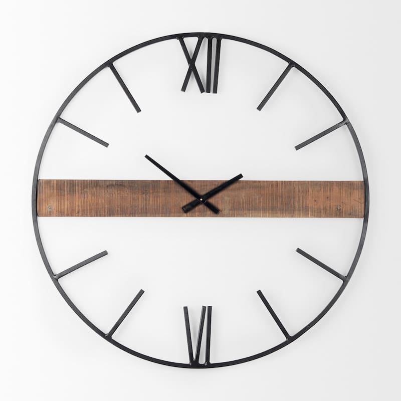 Roman Black Metal and Brown Wood 36" Round Wall Clock - 36"W x 36"H x 2"D