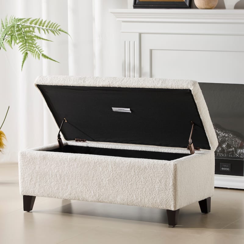 Storage Ottoman with Flip-Top Lid, Boucle Fabric & Birch Wood Legs