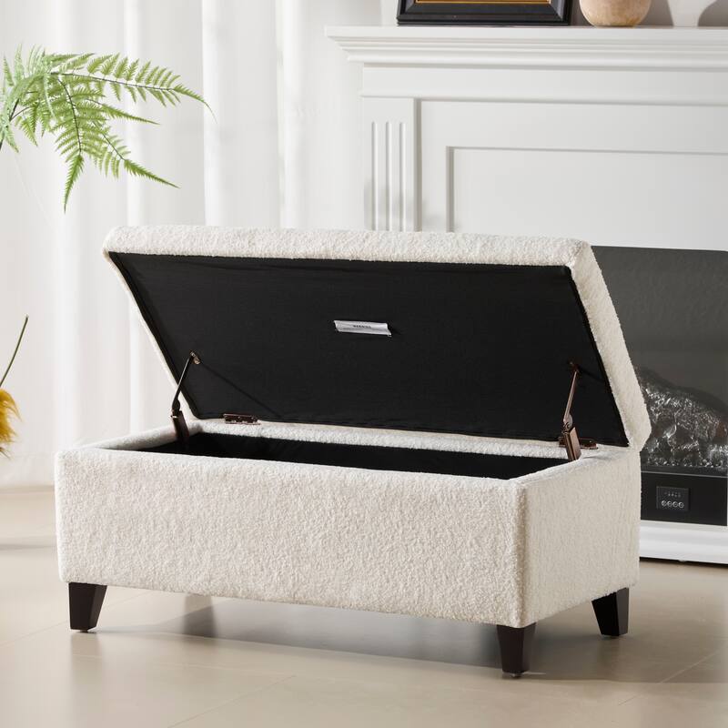 Storage Ottoman with Flip-Top Lid, Easy Assembly, Boucle Fabric & Birch Wood Legs, White