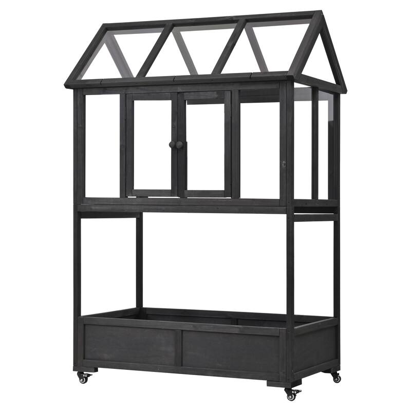 Garden Wood Portable Cold Frame with Movable Wheels Mini Greenhouse with Openable Roof and Storage Box