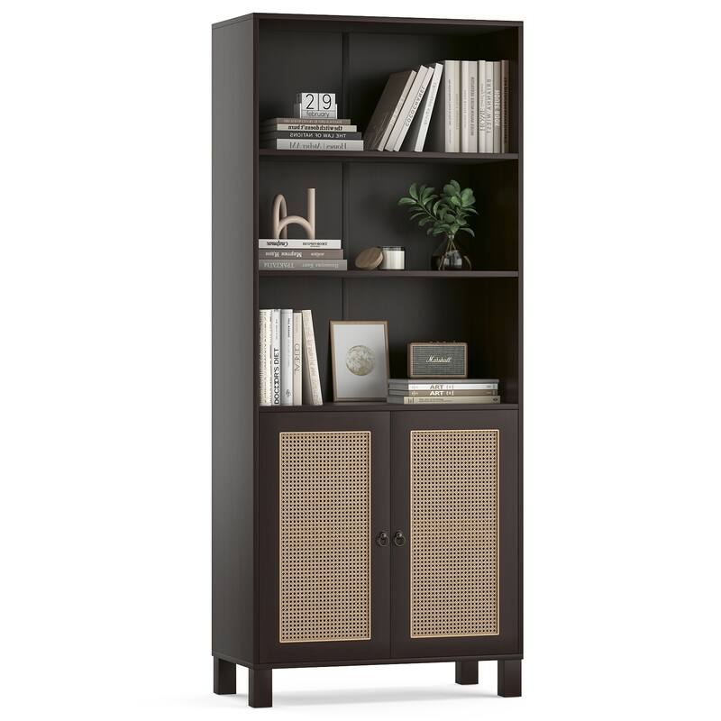Tall Bookcase with Rattan Doors,5 Tier Storage Wood Shelves Large Bookshelf for Library Living Room Bedroom Home Office - Walnut