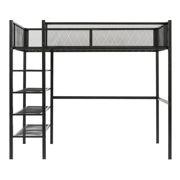 slide 2 of 84, Metal Loft Bed Frame with 4-Tier Shelves and Guardrail Black - Twin