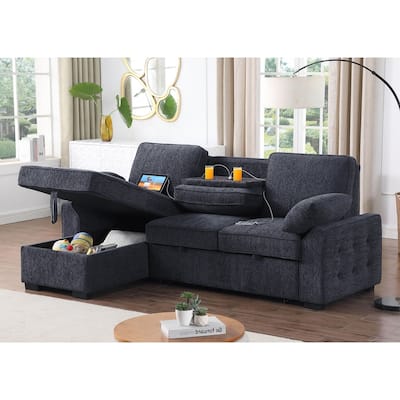 Mackenzie 91"W Chenille Fabric Reversible Sleeper Sectional with Storage Chaise, Drop-Down Table, Cup Holders & Charging Ports