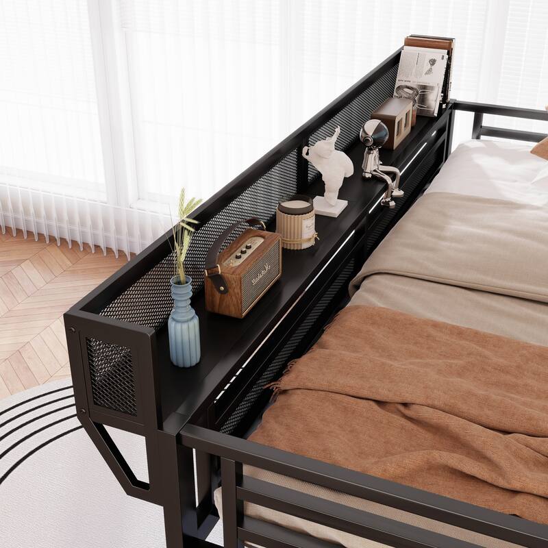 Queen/Full Loft Bed with Stairs, Storage & Wardrobe, Metal High Loft Bed with Lighting