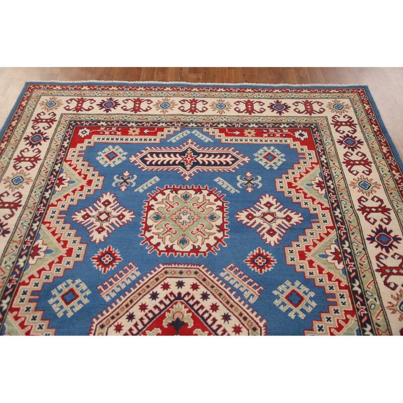 Blue Geometric Kazak Area Rug Handmade Oriental Wool Carpet - 6'8" x 9'9"