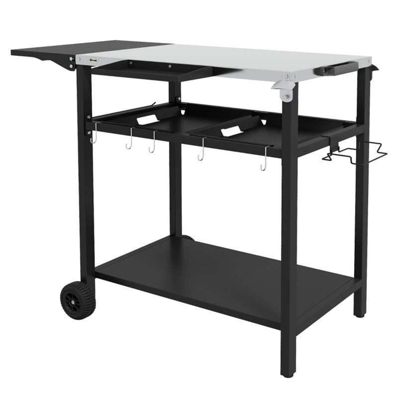 Stainless Steel Serving Cart with Two Shelves, Hooks, Spice Containers, and Foldable Table for Patio, Backyard -  Silver, Black