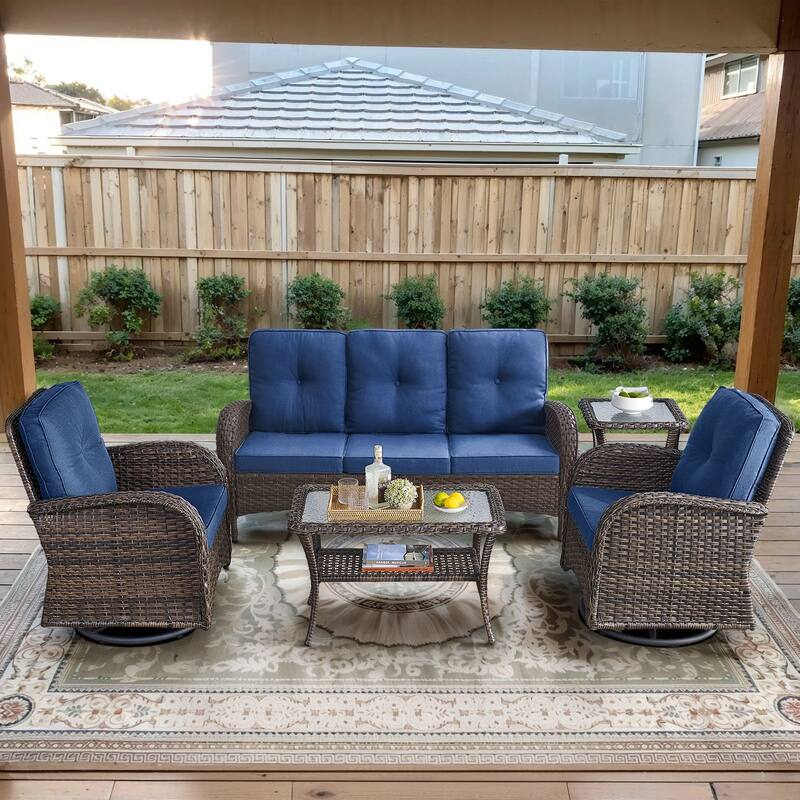 Gymojoy Outdoor Wicker Patio Furniture Sofa Set - Luxurious Comfort, Weather-Resistant - 5-Piece - Sofa & Swivel Chairs - Brown Wicker / Blue Cusion