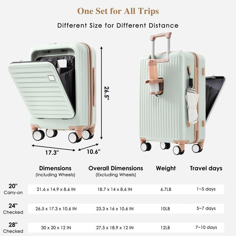 Front Opening 20-Inch Carry-On Luggage with Expandable Travel Bag Set
