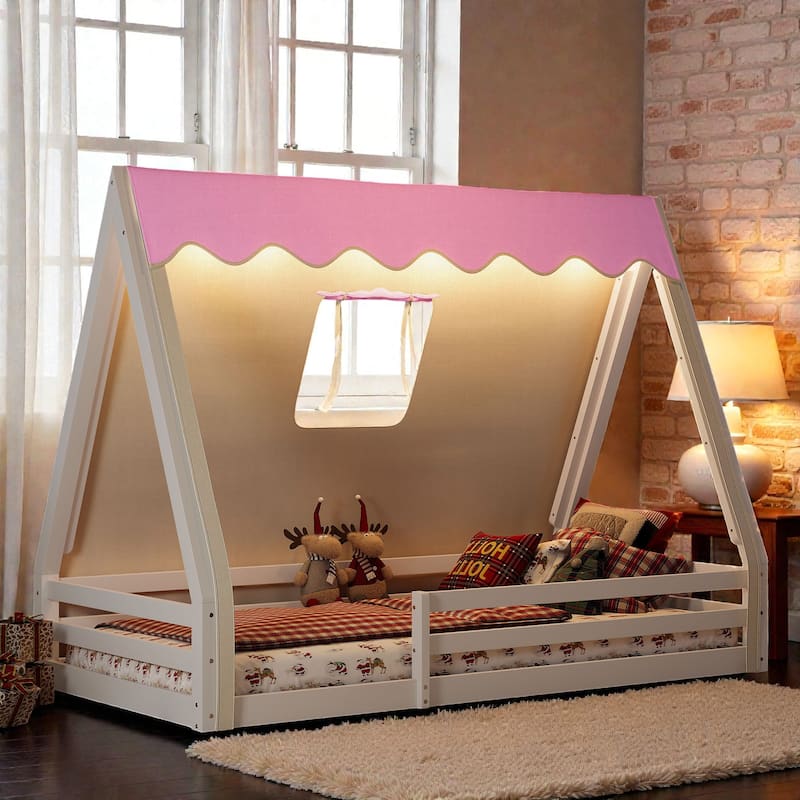 Montessori House Floor Bed with Tent and Lights, Solid Wood Teepee Bed with Guardrails, Twin/Full Kids Bed Frame