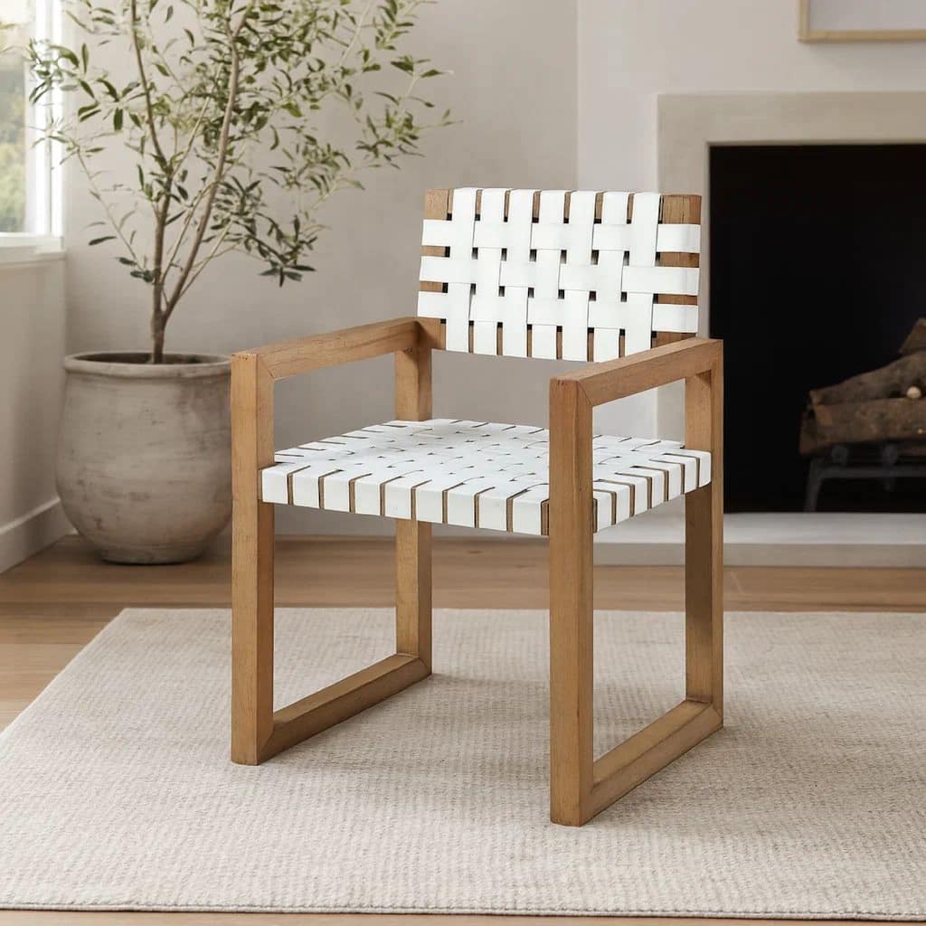 Rux Dining Armchair, Faux Leather Woven Seat, Sled Leg, White, Brown