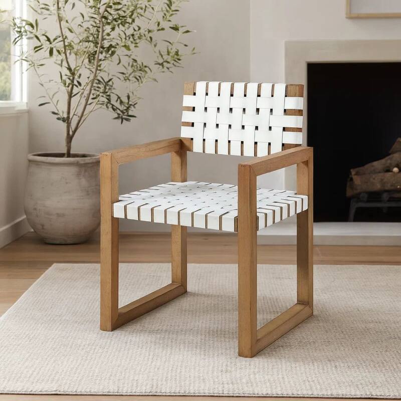 Rux Dining Armchair, Faux Leather Woven Seat, Sled Leg, White, Brown