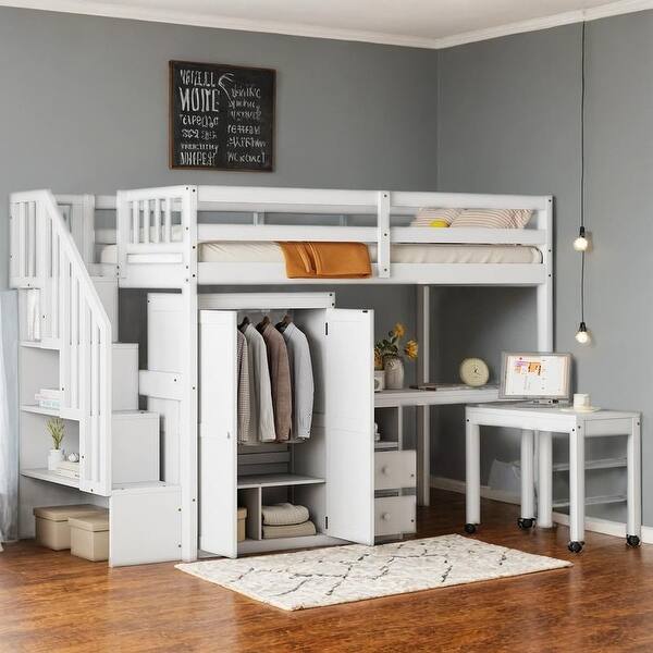 slide 2 of 60, Twin Size Loft Bed with Stairs, Bookshelf, Drawers, Desk & Wardrobe White