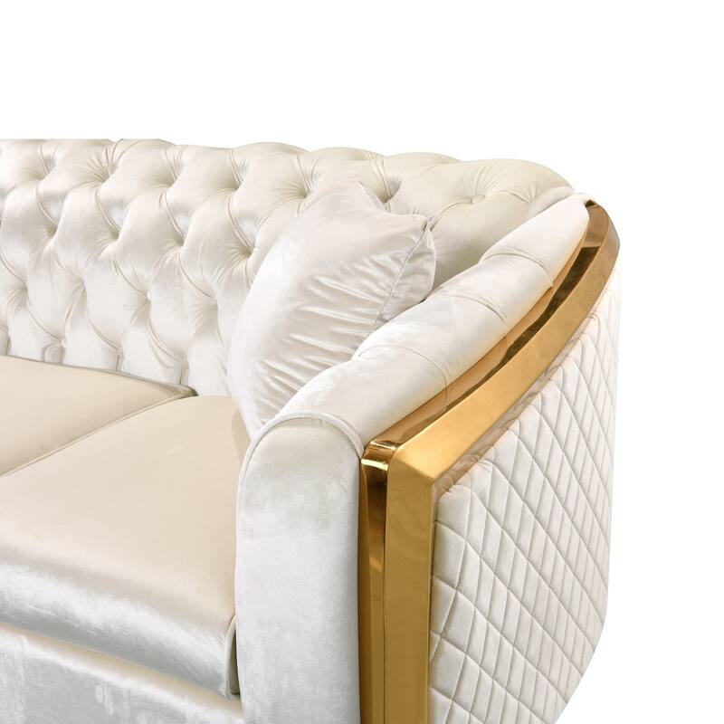 High-End European Design Velvet Chesterfield Sofa with Gold Stainless Steel Legs - 3-Seat Couch