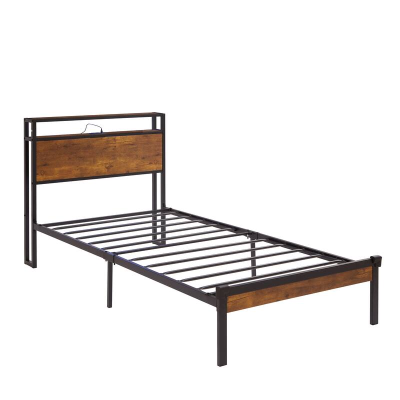 Twin Size Metal Platform Bed Frame with Wooden Headboard & Footboard and USB LINER, for Apartment