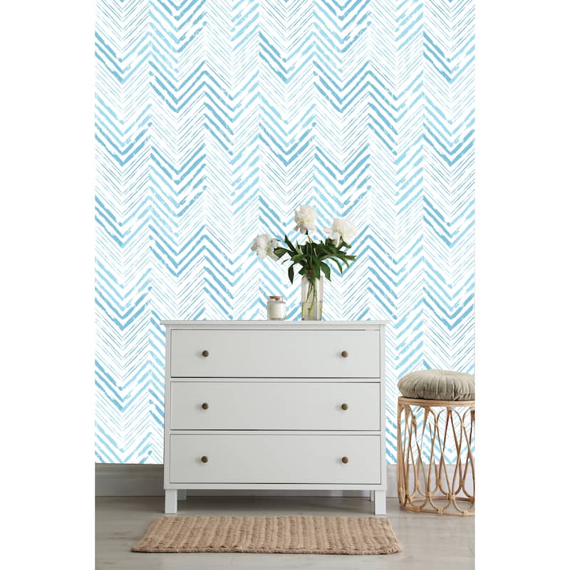 White and Blue Chevron Waves Peel and Stick Wallpaper - 24'' W x 10' L