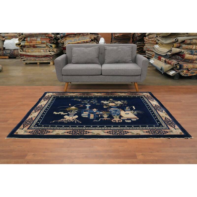 Hand Knotted Oriental 100% Wool Carpet Traditional Pictorial Navy Blue & Blues Art Deco Area Rug - 6' 6'' X 5' 0''