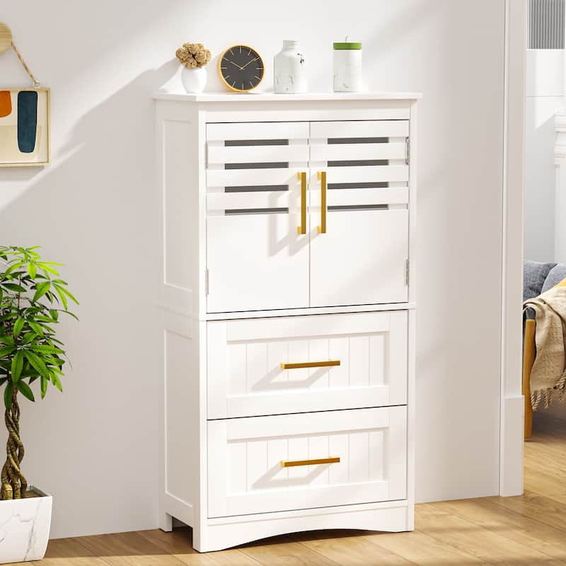 Bathroom Floor Storage Cabinet, Freestanding Bathroom Cabinet with 2 Drawers 2 Doors, Storage Cabinet with Gold handle