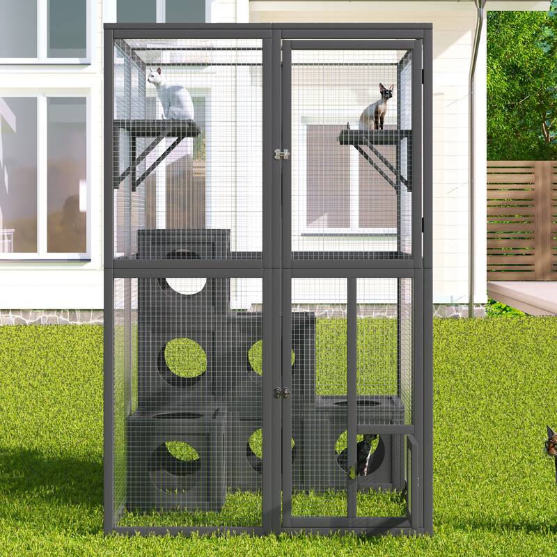 Catio Outdoor Cat Enclosure, Wooden Cat House with Double Enter Doors & Climbing shelves, Cat Cage Playpen with 7 Wood Boxes