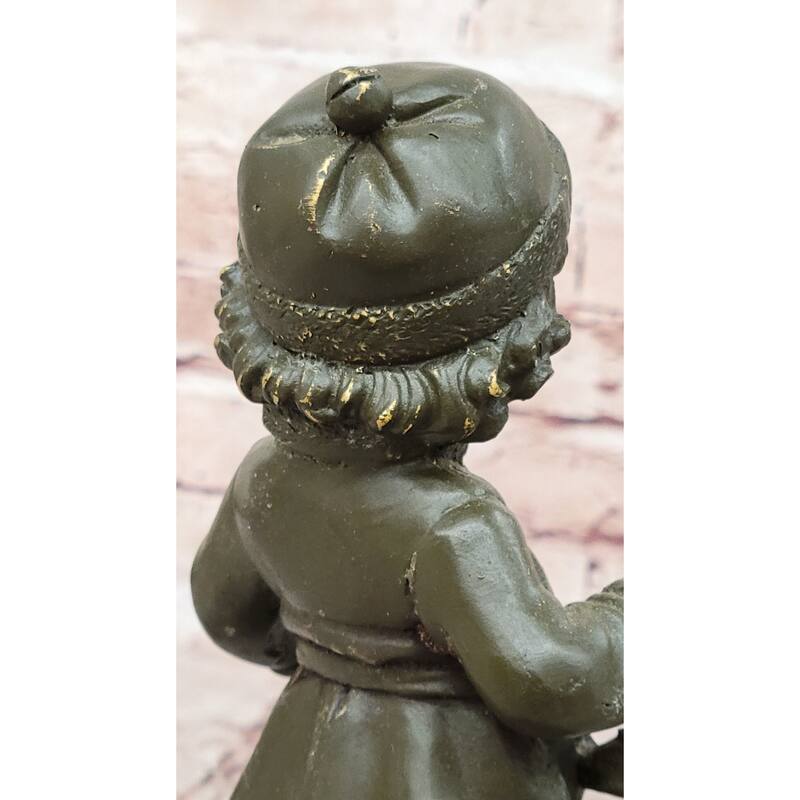 Bronze Winter Child Sculpture – Girl With Horn And Doll Figurine On Base