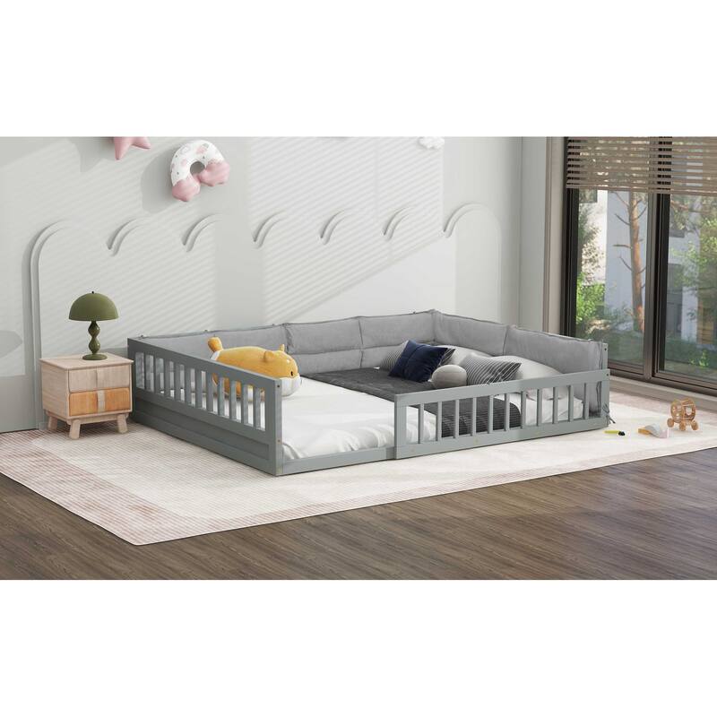 Full Size Upholstered Platform Bed Frame with Guardrail and Pillows, No Box Spring Required, Sturdy and Comfortable for Bedroom