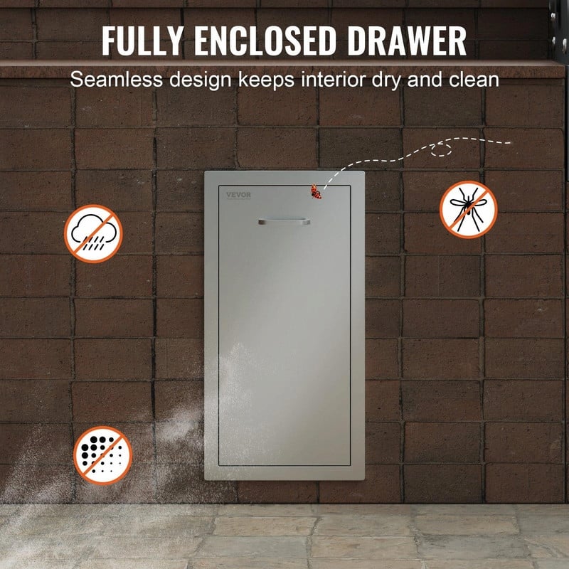 Pull-Out Trash Drawer, Stainless Steel Roll-Out Bin with Sliding Rails and Handle for Outdoor Kitchen or BBQ Island