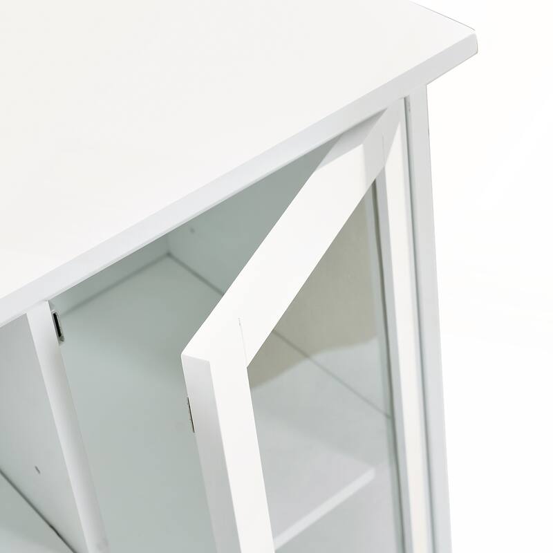 Modern White Storage Cabinet with Glass Doors Shelves Drawer