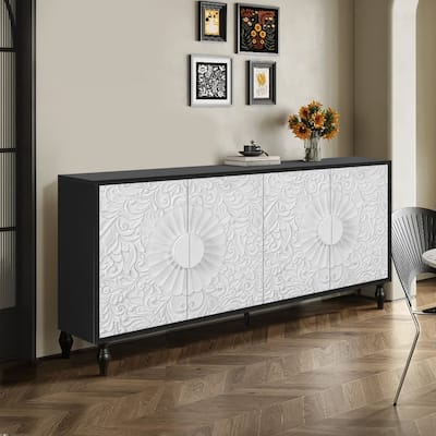 Carved Doors Storage Cabinet Buffet Sideboard Console Table, Black White