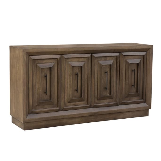 HomeRoots 78" Brown Solid Wood Carved Geometric Sideboard with Four Doors - 78.00 in. x 39.00 in. x 17.00 in.