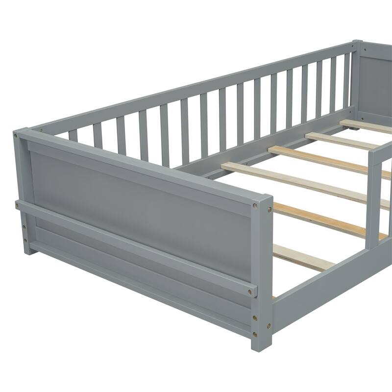 Twin Size Wood Floor Platform Bed with Built-in Book Storage Rack